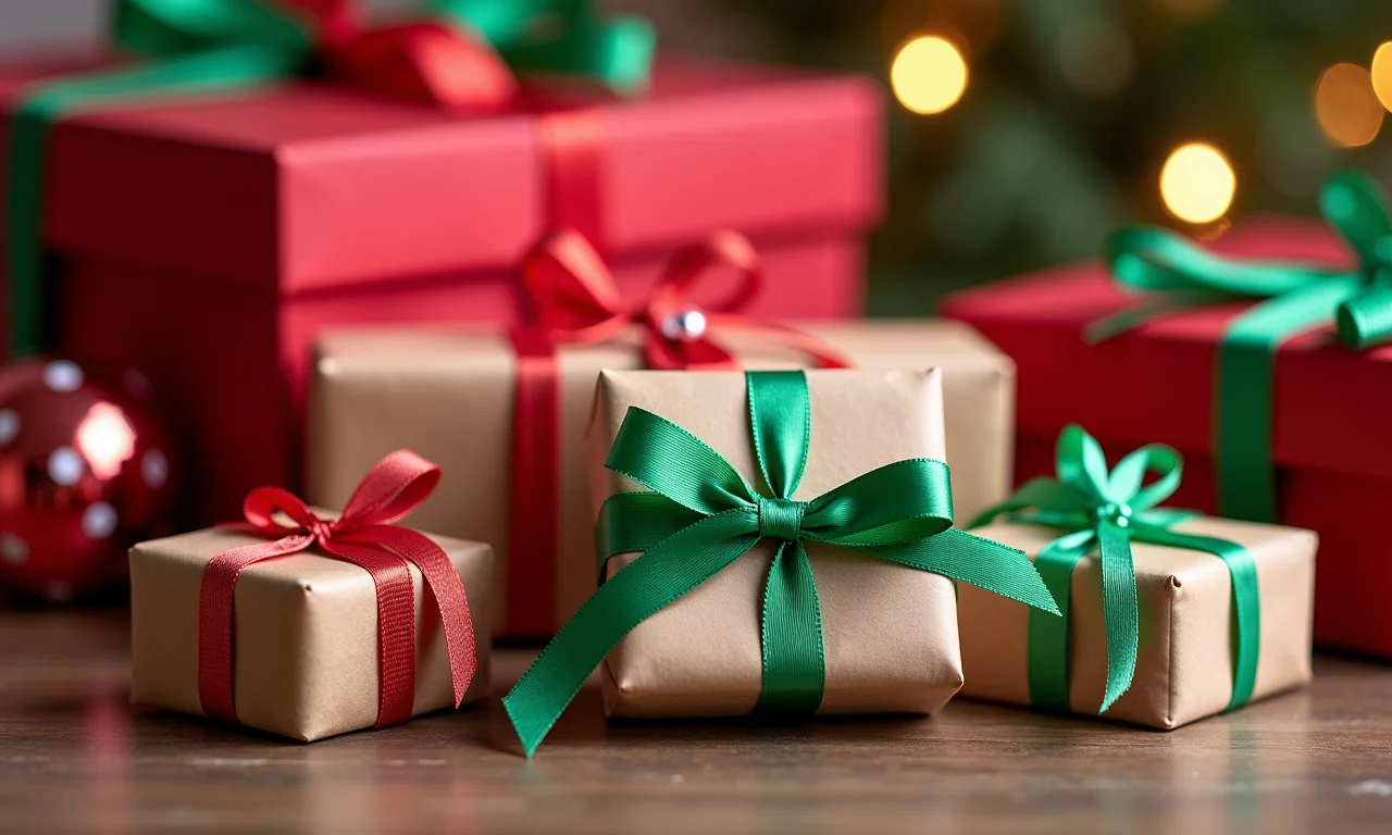 Lembrancinhas de Natal artesanais com embalagens festivas e fitas coloridas.