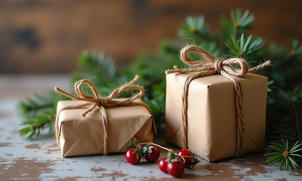 Lembrancinhas de Natal embrulhadas com papel reciclado.