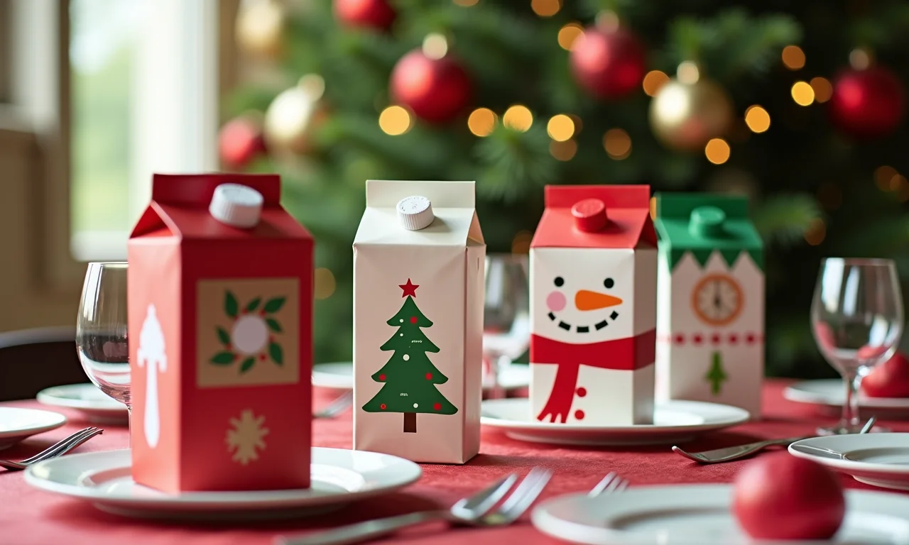 Lembrancinhas de Natal feitas com caixas de leite recicladas.