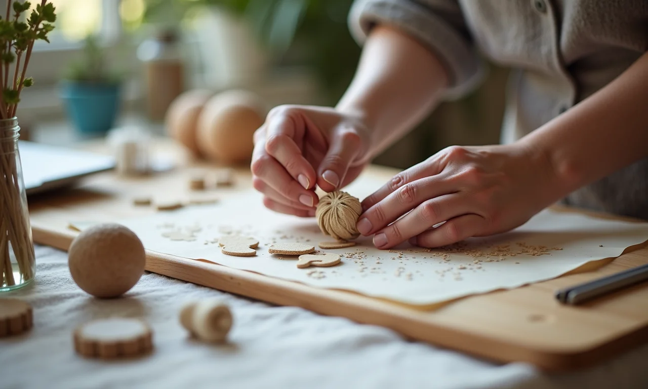 Lembrancinhas DIY de casamento sendo montadas em uma mesa de artesanato.