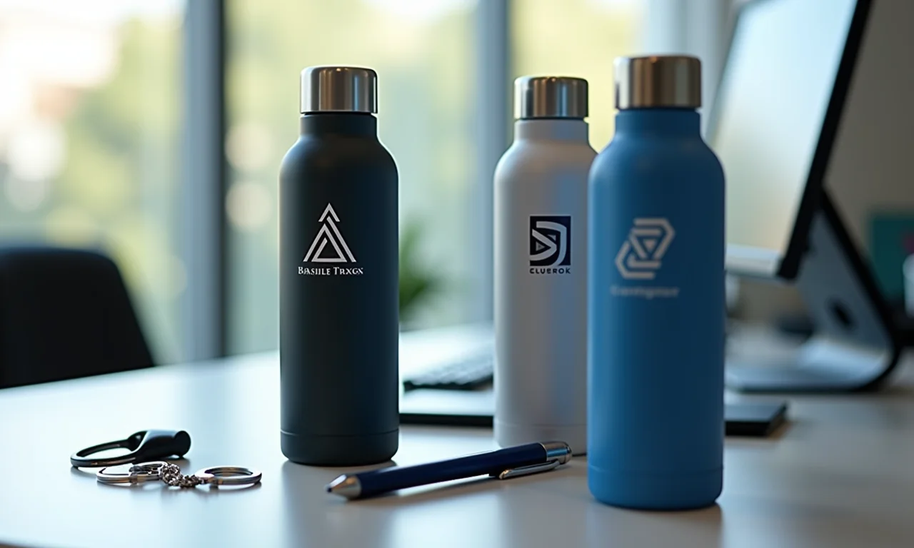 Lembrancinhas personalizadas com a marca da empresa.