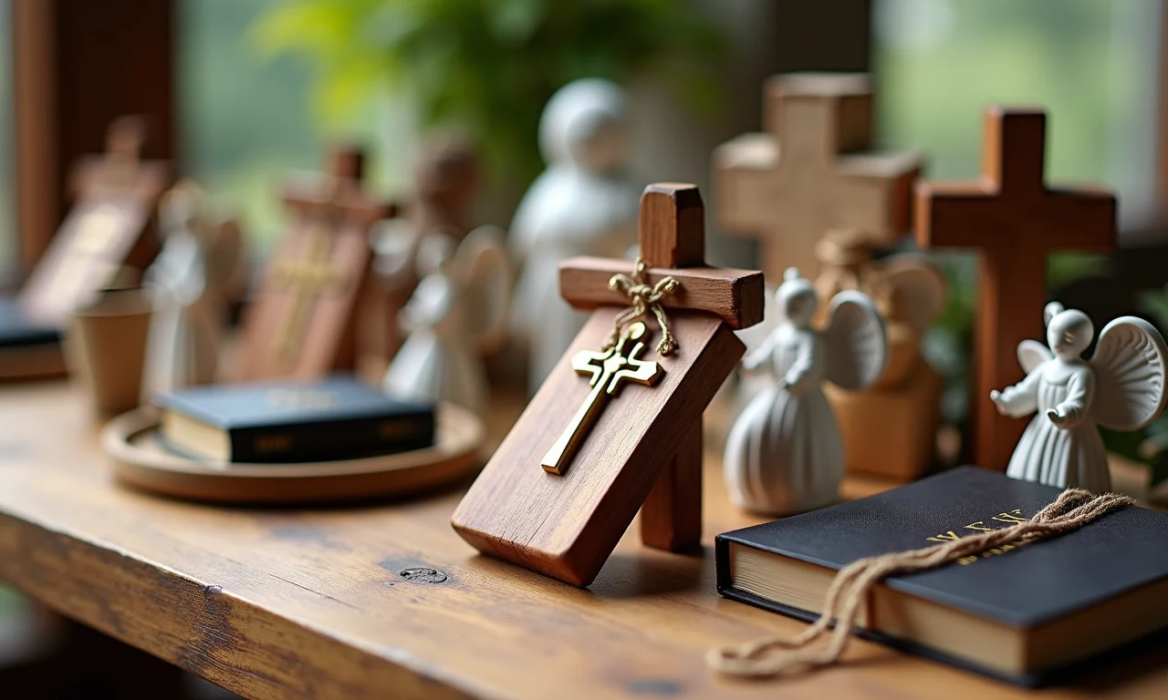 Lembrancinhas religiosas variadas sobre mesa de madeira rústica.