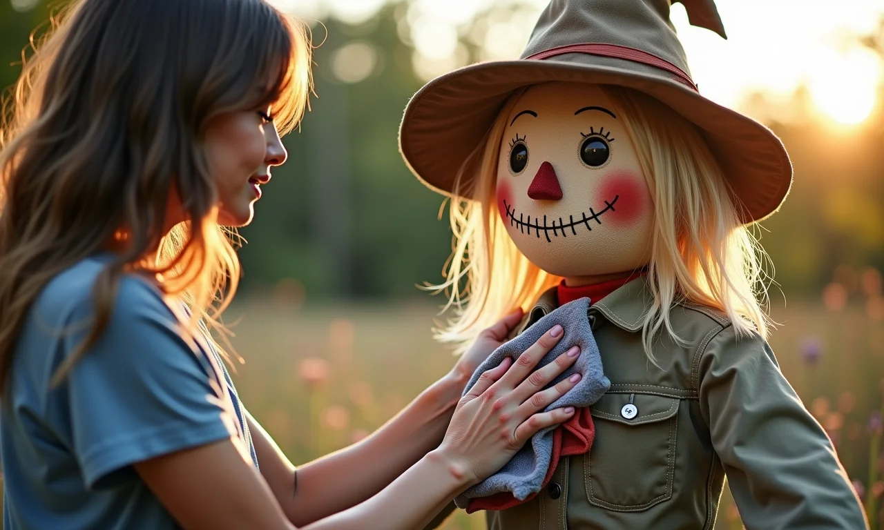 Limpando o espantalho de EVA com cuidado.