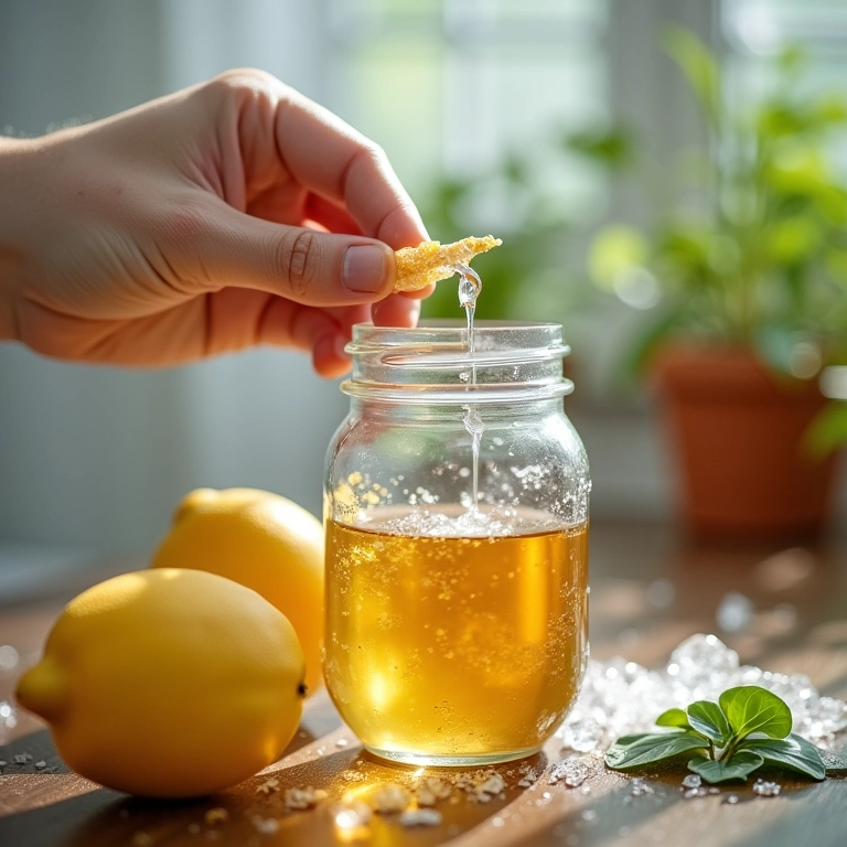 Limpando um pote de vidro reciclado com produtos naturais.