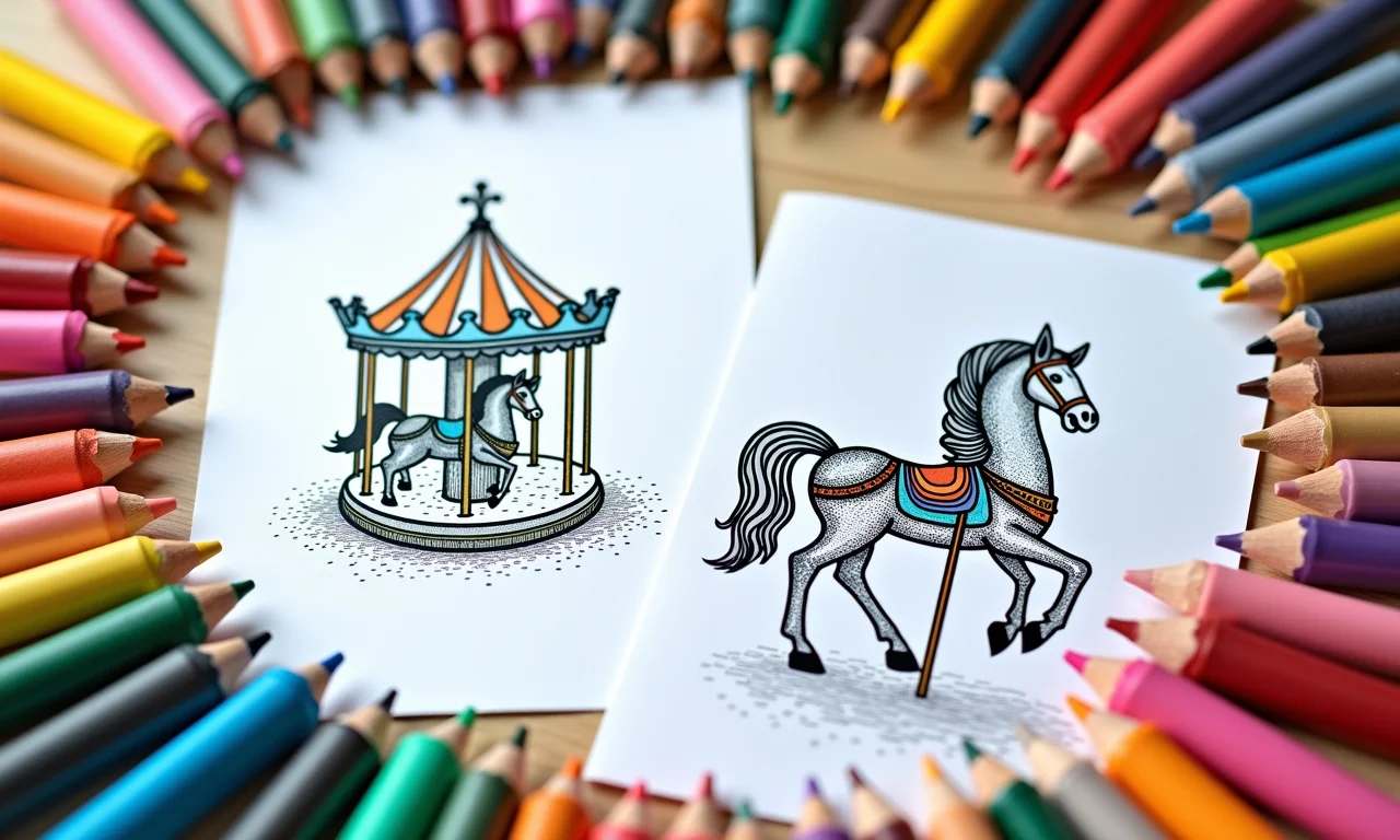 Livrinhos de colorir com desenhos de carrossel e giz de cera.