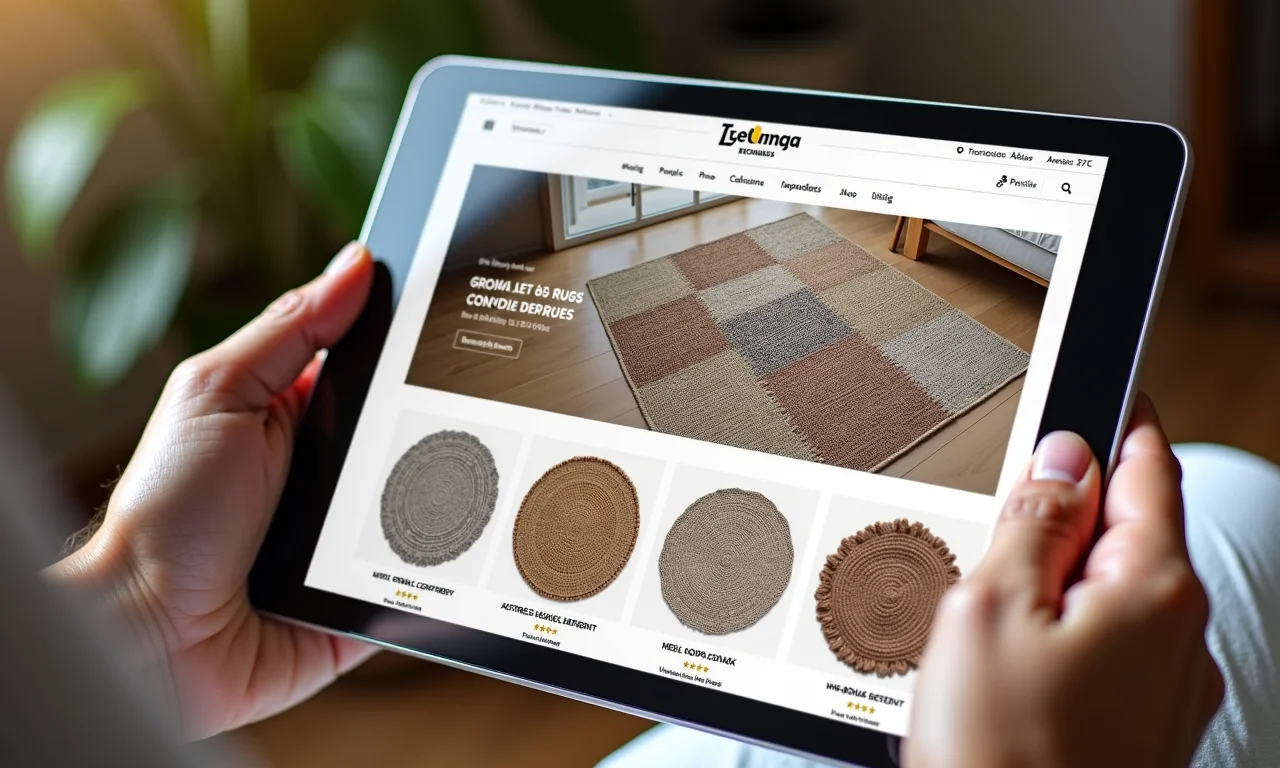 Loja online mostrando uma variedade de tapetes de crochê à venda.