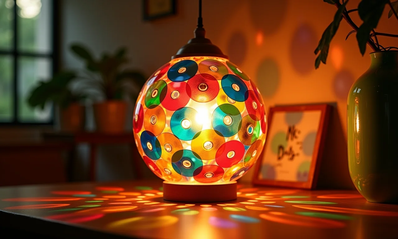Luminária artesanal feita com CDs reciclados.