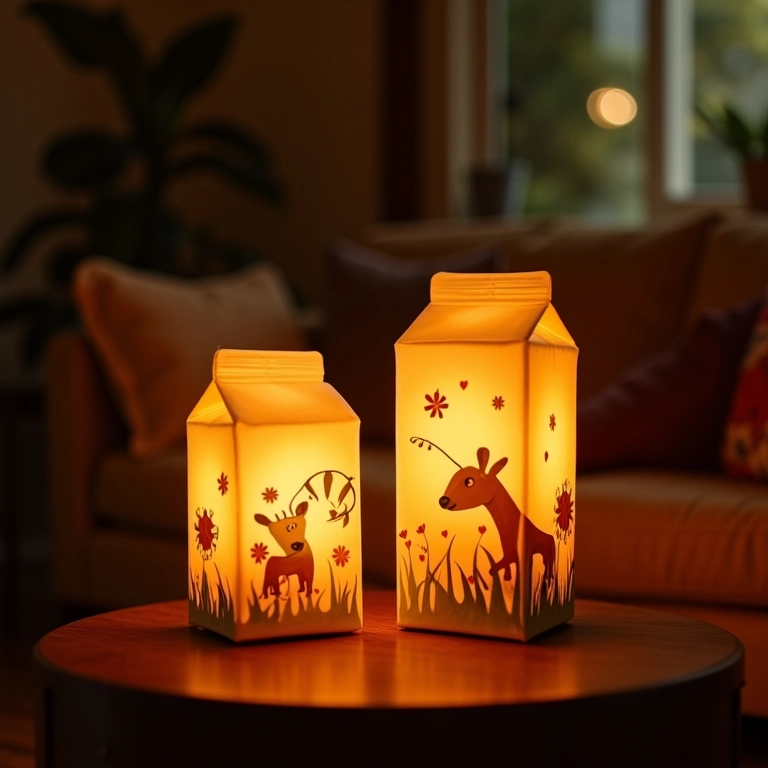 Luminárias aconchegantes para decorar a casa, feitas com caixas de leite.