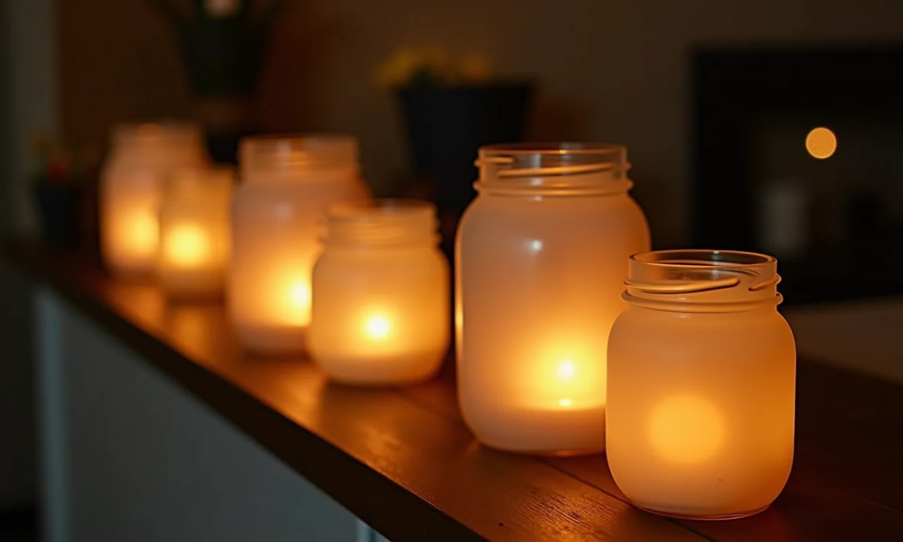 Luminárias artesanais feitas com potes de vidro iluminando ambiente.