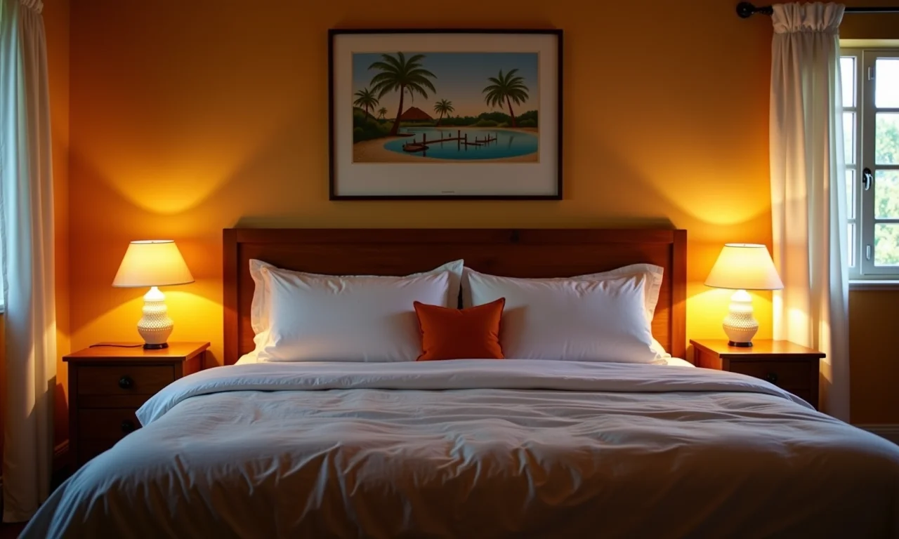 Luminárias artesanais iluminando um quarto com charme e aconchego.