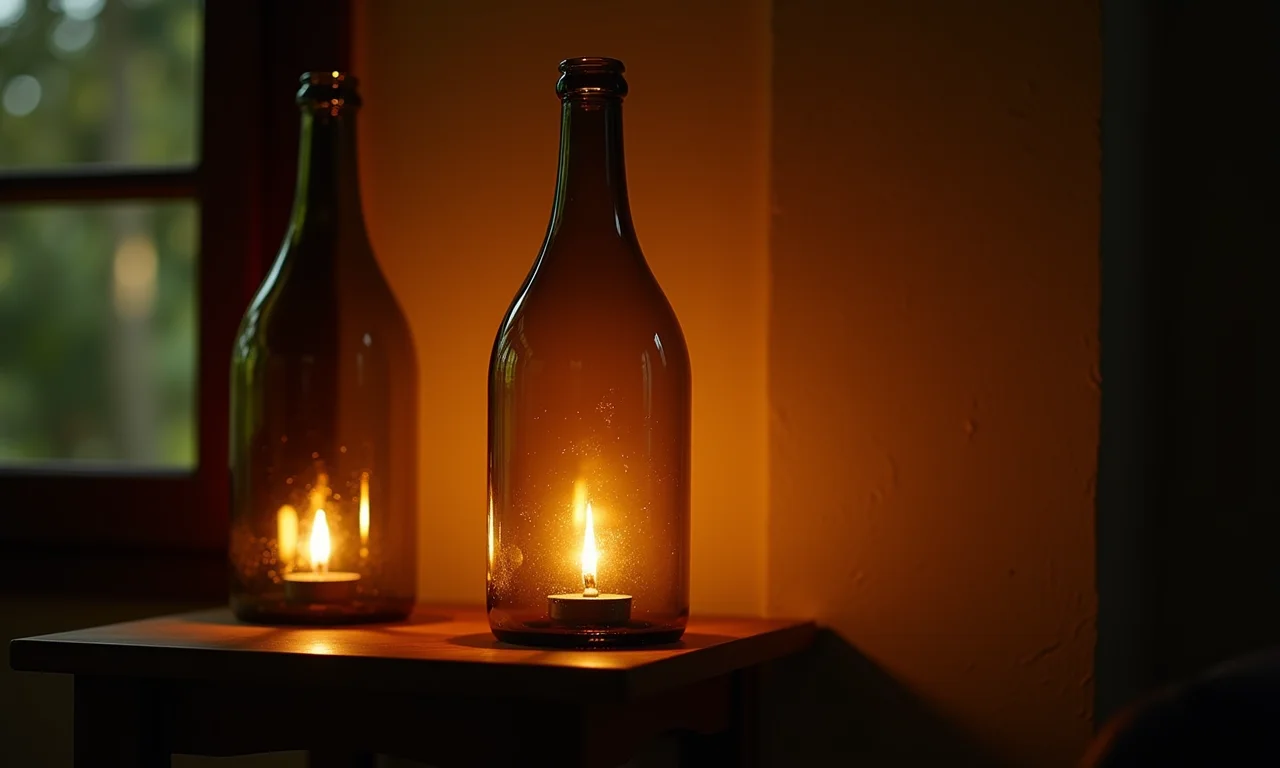 Luminárias charmosas feitas com garrafas iluminando sala de estar aconchegante.