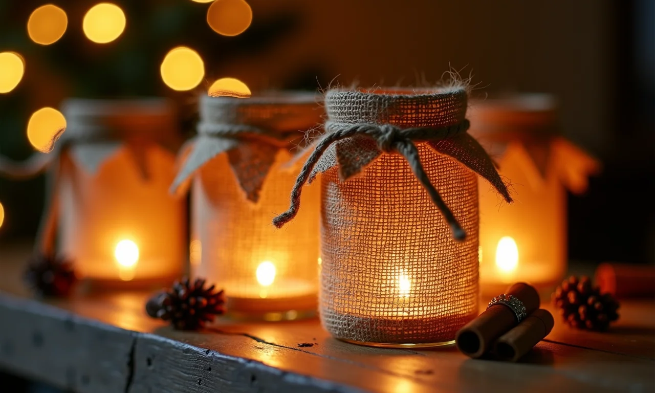 Luminárias de Natal feitas com potes de vidro, juta e canela.