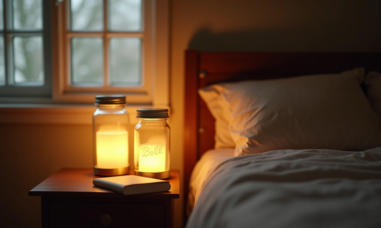 Luminárias de potes de vidro em quarto aconchegante com luz suave.