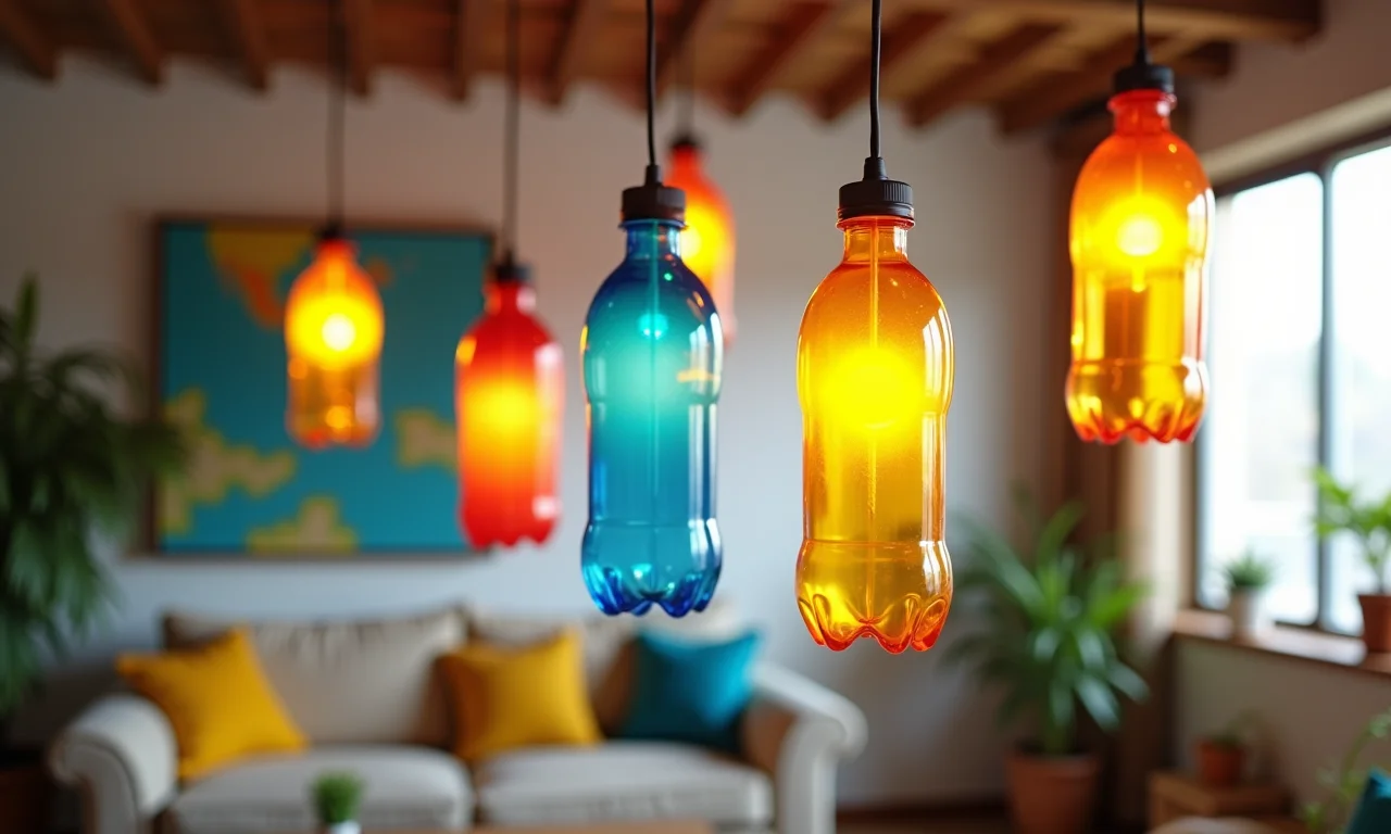 Luminárias divertidas e coloridas feitas com garrafas PET.