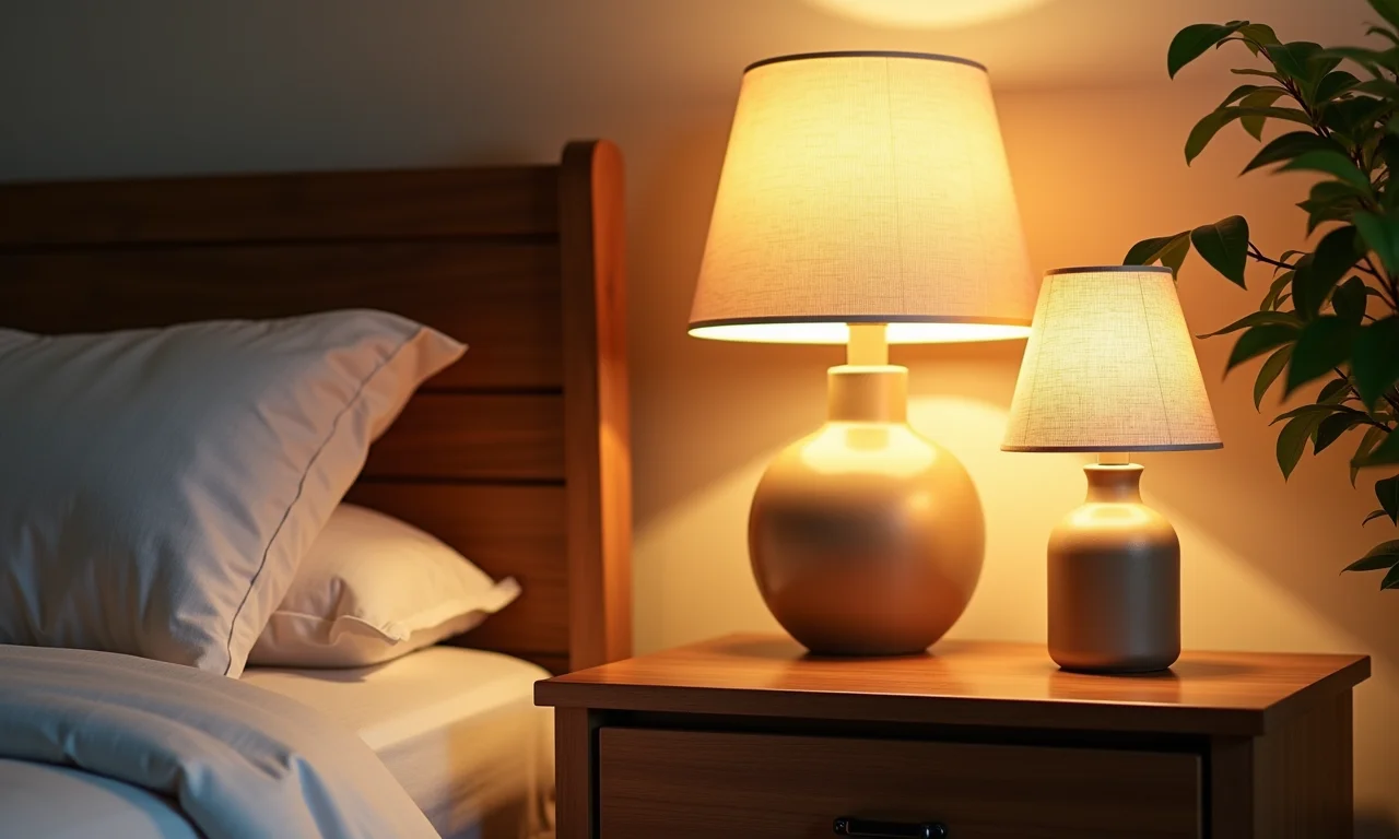 Luminárias e abajures artesanais em uma mesa de cabeceira aconchegante.