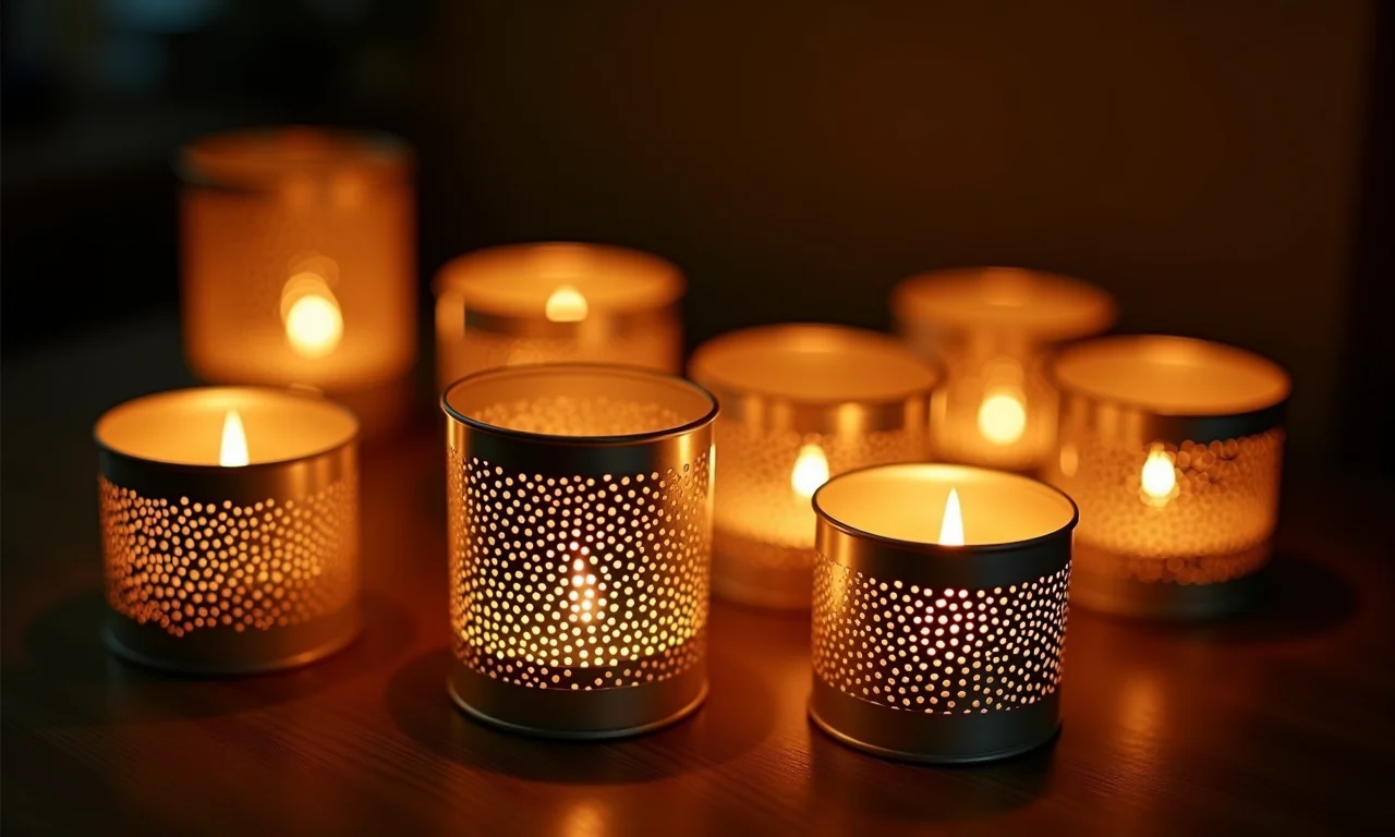 Luminárias e castiçais românticos feitos de latas.