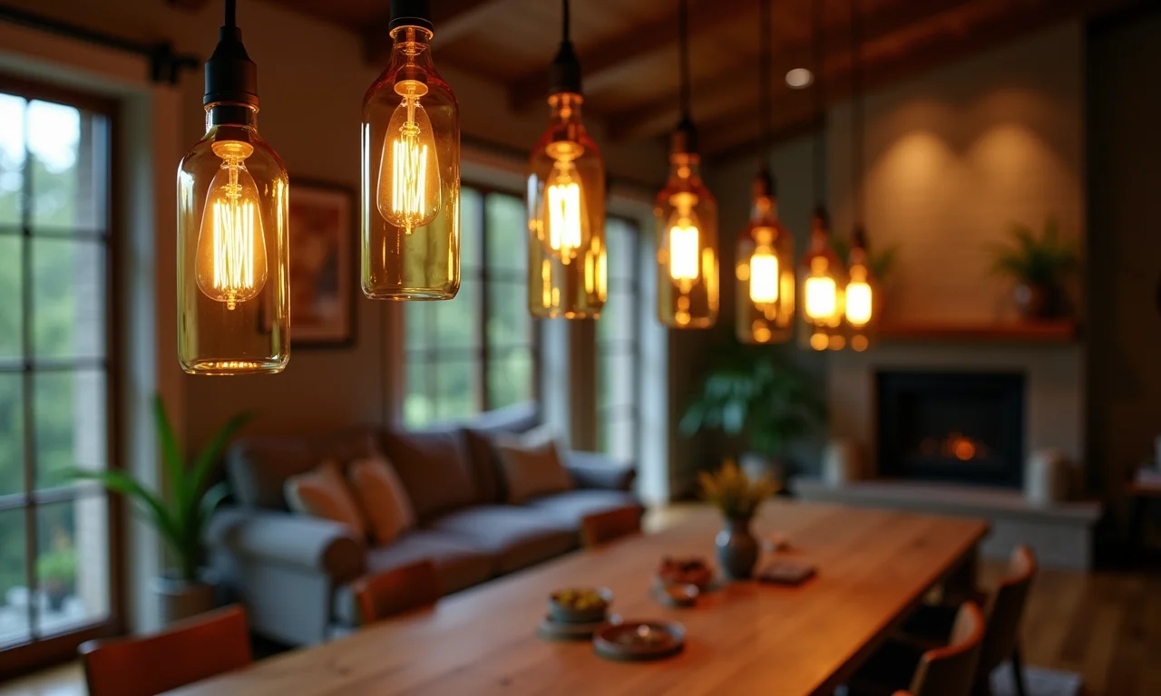 Luminárias suspensas feitas de garrafas de vidro recicladas, iluminando uma sala aconchegante.
