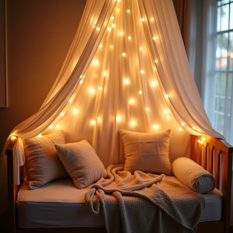 Luzes de fada criando ambiente aconchegante para chá de fraldas