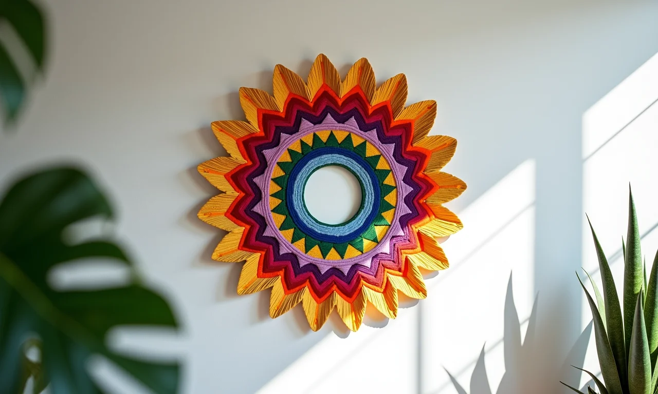 Mandala de CD artesanal na parede branca, cores vibrantes.