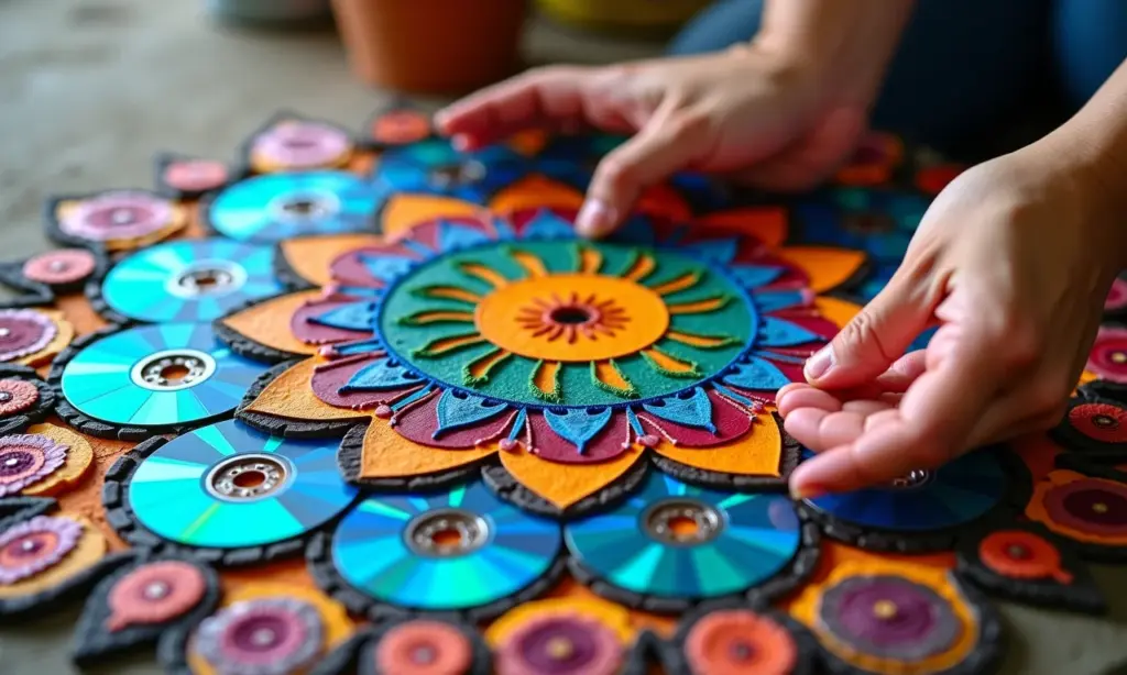 Mandalas coloridas feitas de CDs reciclados, design intrincado.