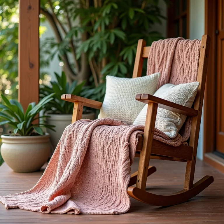 Manta de tricô e almofadas de crochê em cadeira de balanço