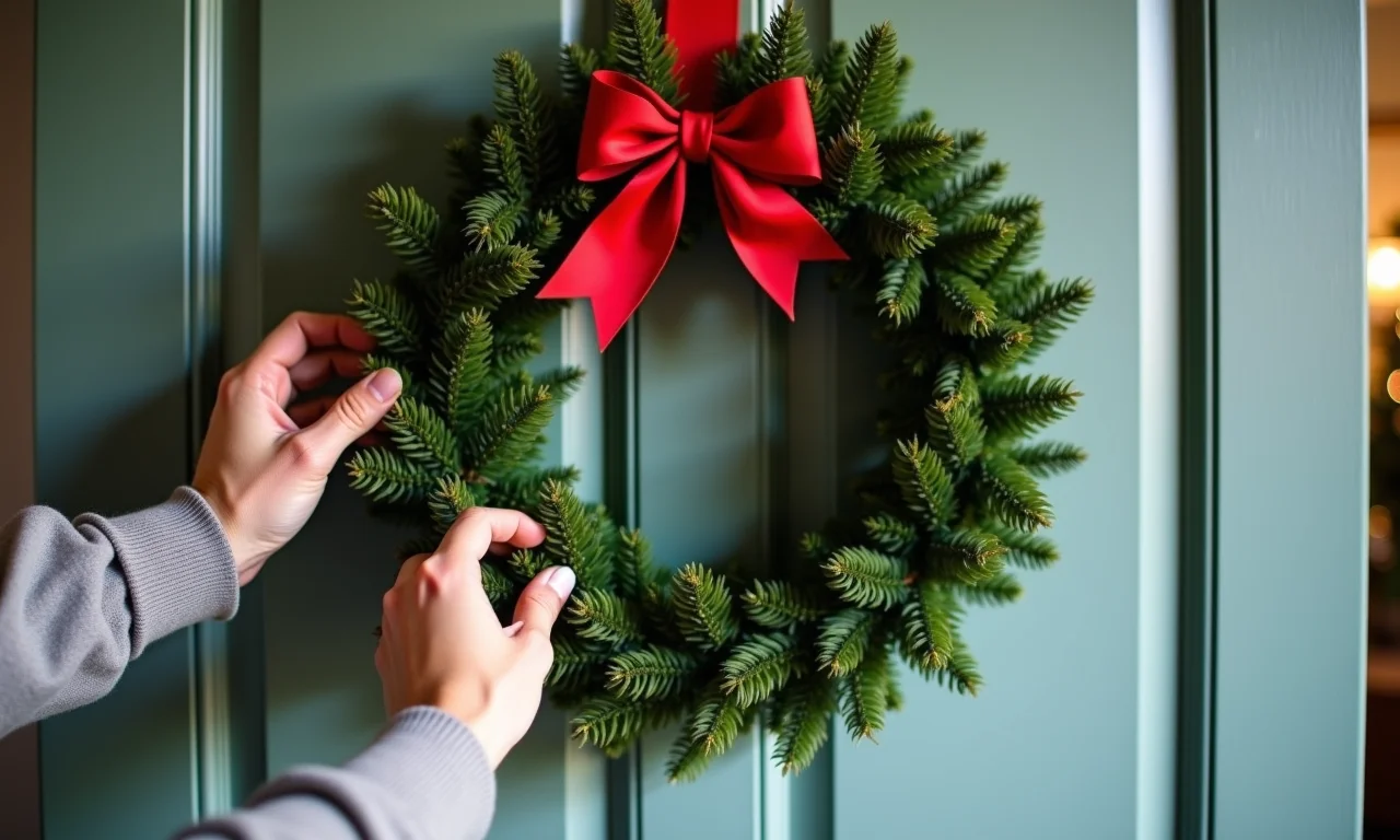 Mão ajustando uma guirlanda de Natal para perfeição.