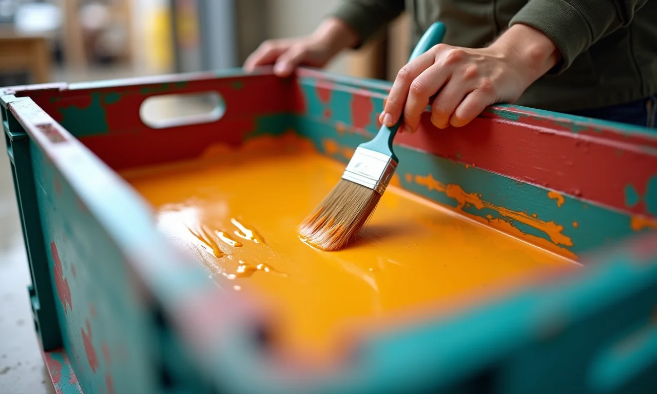 Mão aplicando tinta em caixote de feira com pincel.