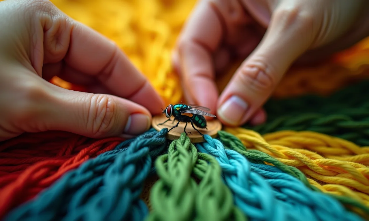 Mão bordando ponto mosca para criar base de folha em tecido.