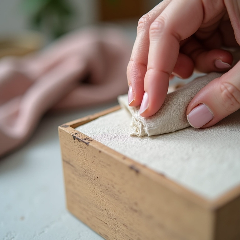Mão colando tecido em caixa de MDF com cola de tecido.