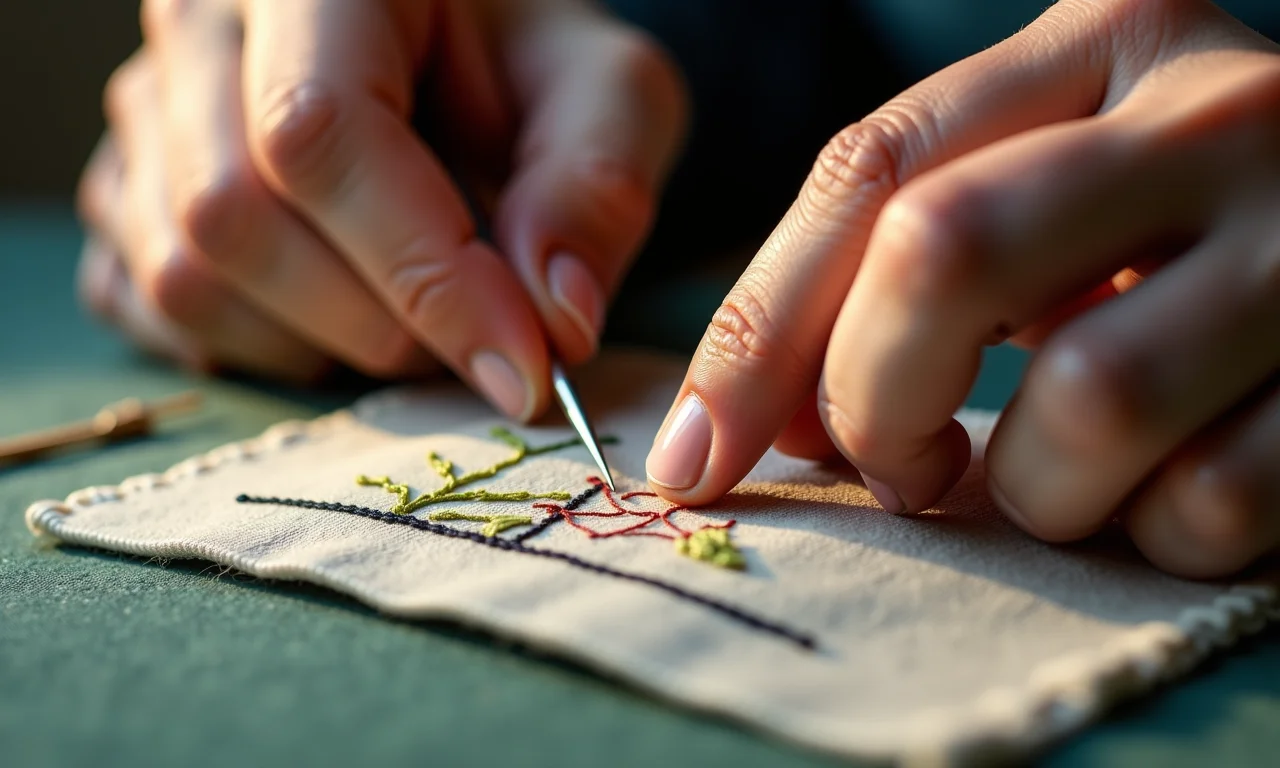Mão guiando agulha no ponto cruz com precisão.