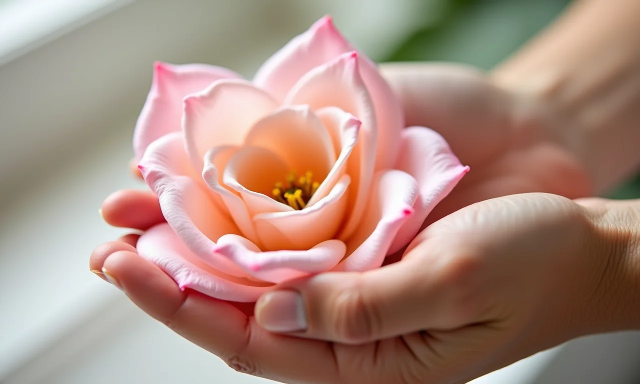 Mão limpando flor de cetim com delicadeza.