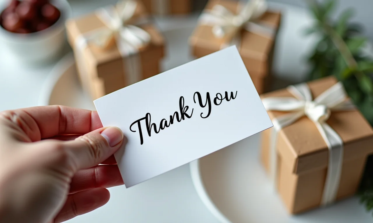 Mão segurando cartão de agradecimento ao lado de lembrancinha.