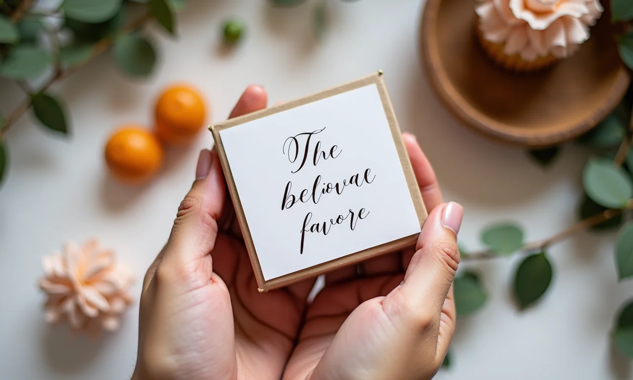 Mão segurando lembrancinha de Crisma com bilhete manuscrito.