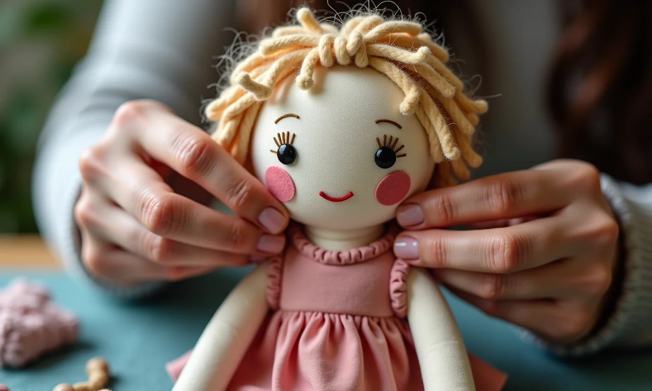Mãos adicionando detalhes como olhos bordados, cabelo de lã e acessórios a boneca de pano.