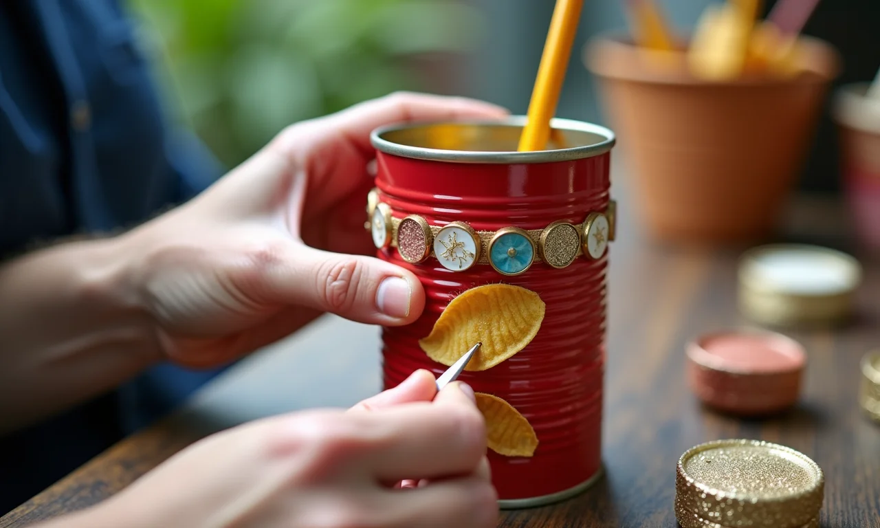 Mãos adicionando detalhes finais a um porta-lápis decorado: fitas, botões, glitter.