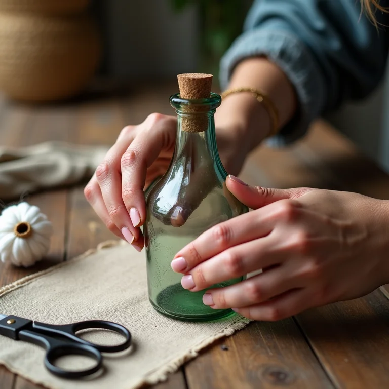 Mãos alisando papel de decoupage em garrafa.