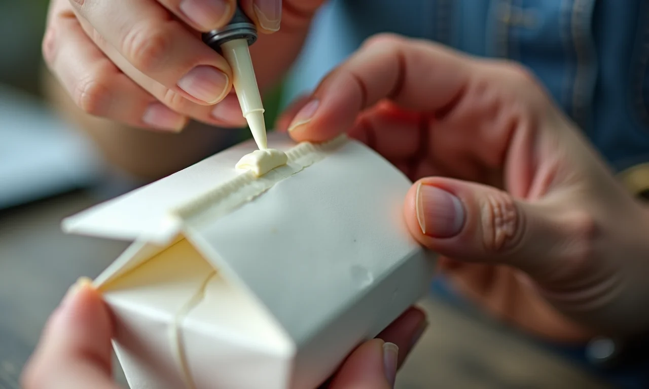 Mãos aplicando cola em carteira de caixa de leite, close-up.