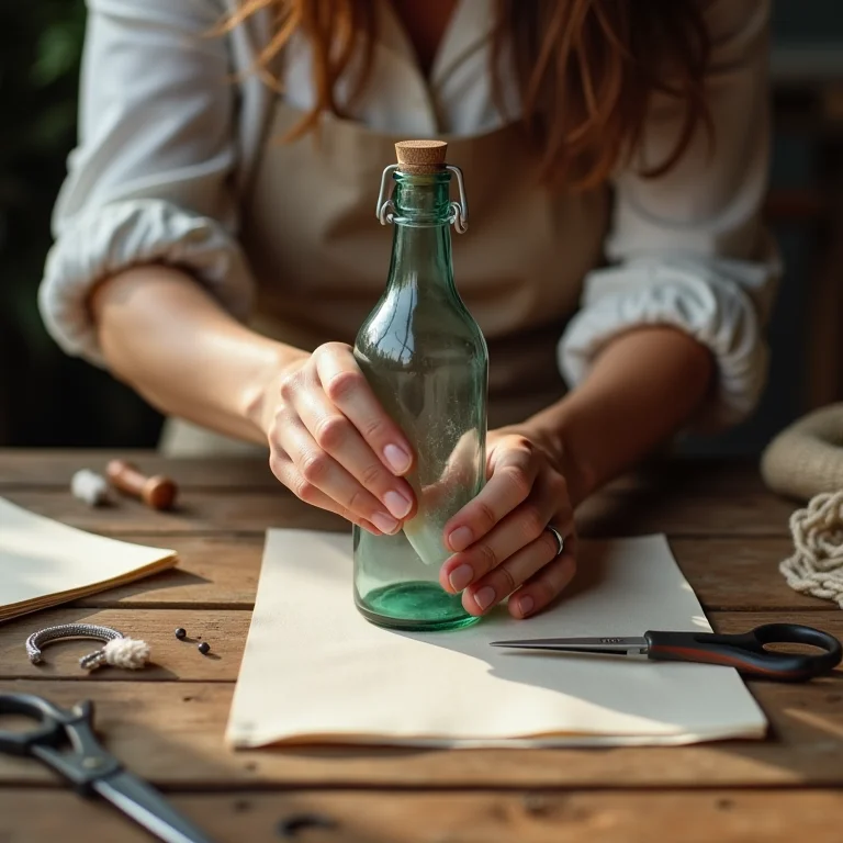 Mãos aplicando cola em garrafa para decoupage.
