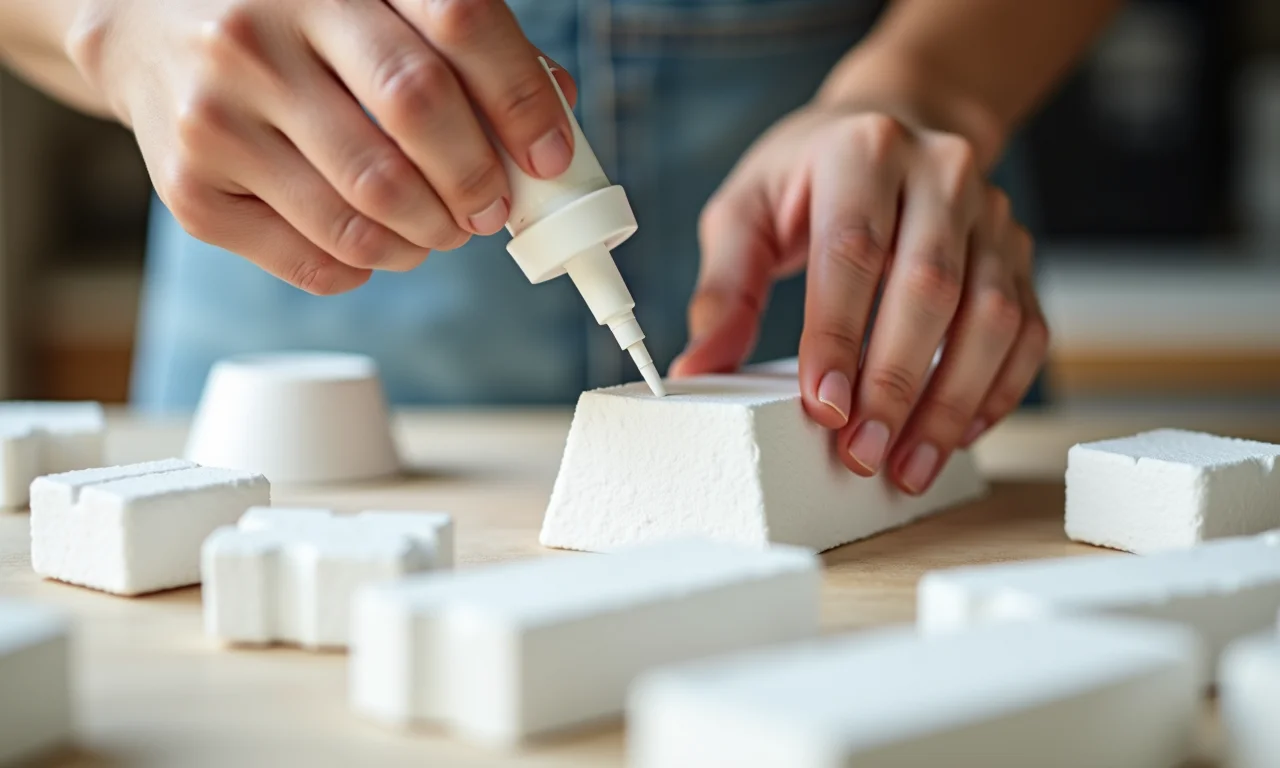 Mãos aplicando cola em pedaços de isopor, foco na aderência.
