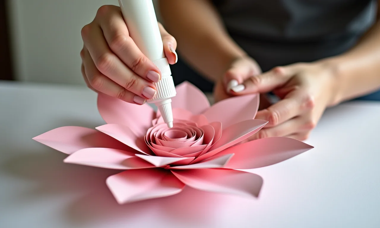 Mãos aplicando cola em pétala de flor de rolo de papel.