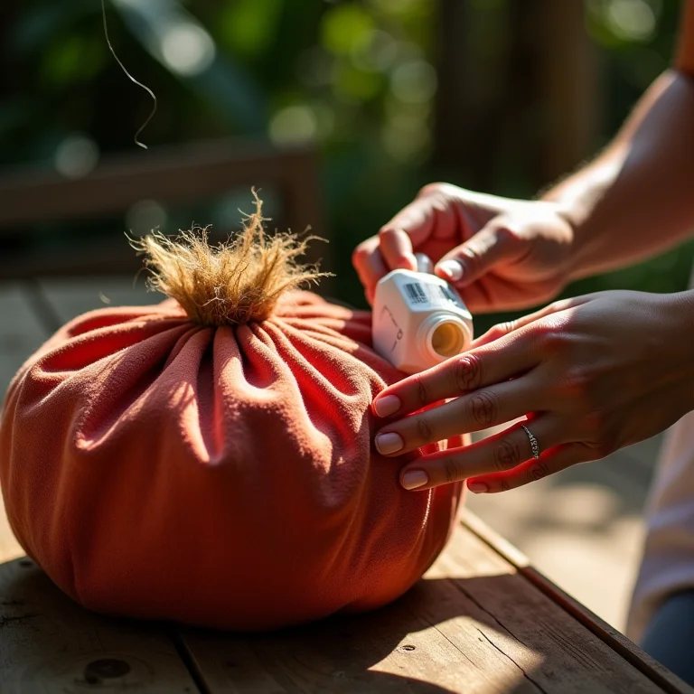 Mãos aplicando revestimento em puff de garrafa PET