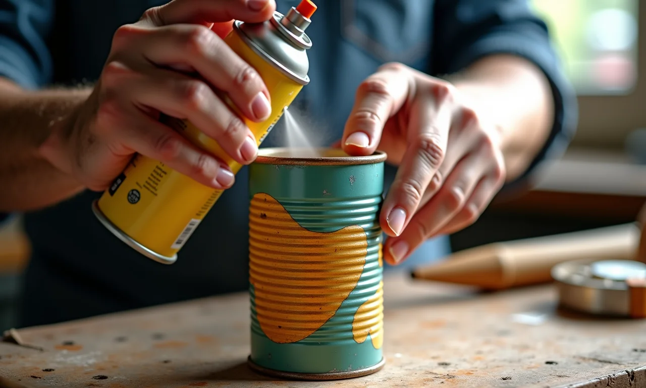 Mãos aplicando revestimento protetor em um porta-lápis de lata para evitar ferrugem.