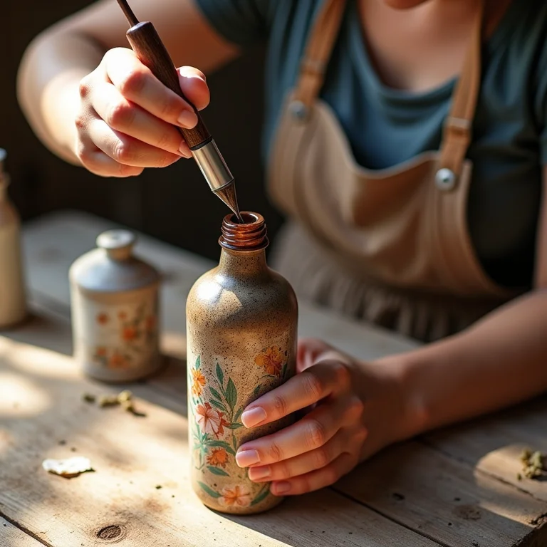 Mãos aplicando verniz em garrafa com decoupage.