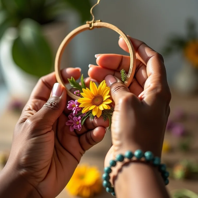 Mãos arranjando flores secas em aro de madeira