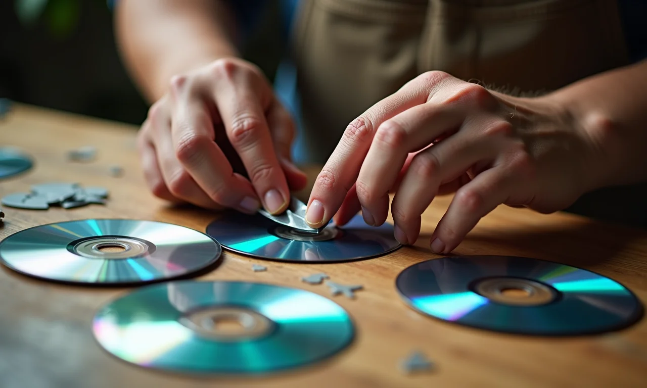Mãos artesãs cortando e colando CDs para arte.
