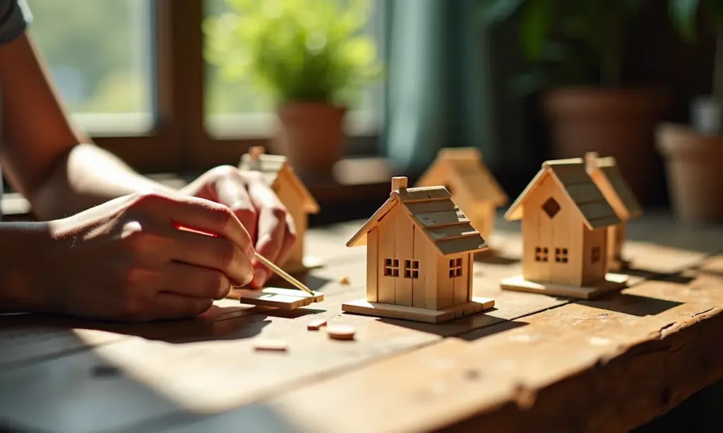 Mãos artesãs criam casas em miniatura com palitos de picolé.