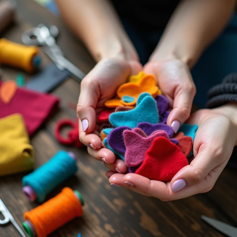 Mãos artesãs preparando materiais para guirlanda de feltro
