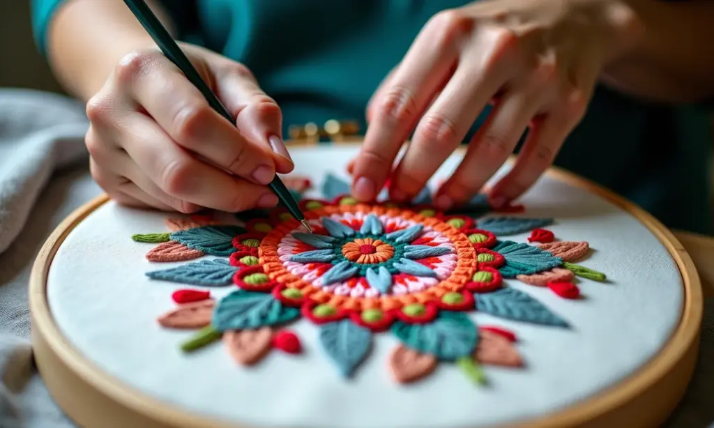 Ponto russo passo a passo: um guia para bordar Mãos bordando com agulha mágica, técnica ponto russo.