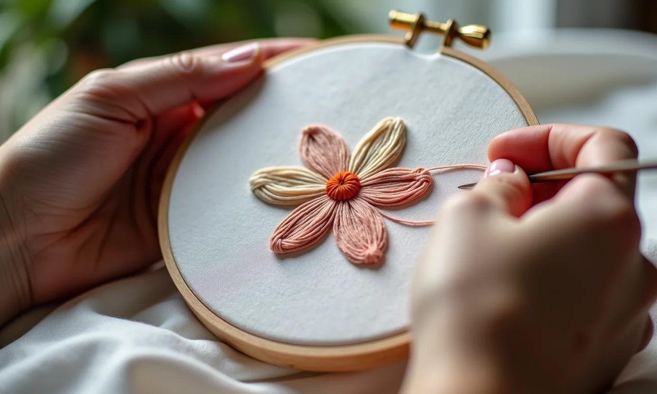 Mãos bordando ponto de cetim em bastidor, close-up.