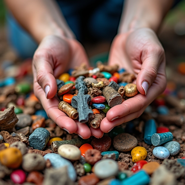 Mãos buscando materiais reciclados em um ferro-velho colorido.